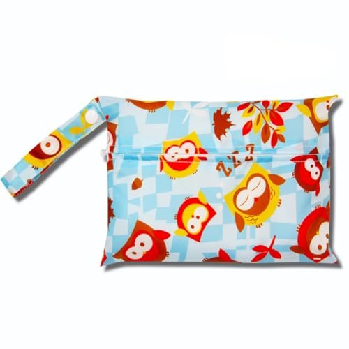 Qiantull Mini Windeltasche mit Bunte Tier-Muster wasserdichte Wetbag Wickeltasche 22 * 15cm Klein Nassbeutel Windel Tasche Wet Dry Cloth Organiser Beutel für Babys Schwimmen Reisen Strand CampingEule von Qiantull