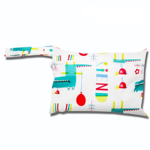 Qiantull Mini Windeltasche mit Bunte Tier-Muster wasserdichte Wetbag Wickeltasche 22 * 15cm Klein Nassbeutel Windel Tasche Wet Dry Cloth Organiser Beutel für Babys Schwimmen Reisen StrandKrokodil von Qiantull