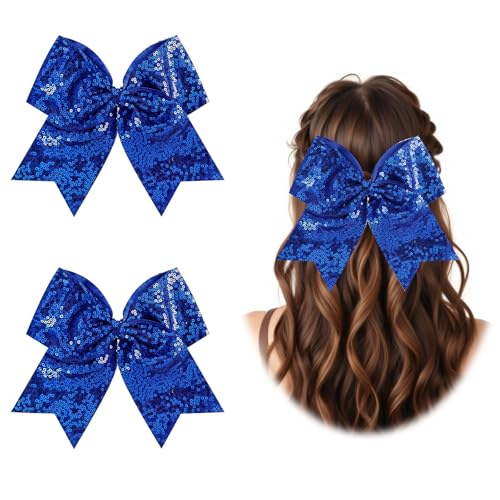 2 Stücke Pailletten Haarschleifen Jumbo Cheer Haargummis Große Cheer Schleife 8 Zoll Pferdeschwanz Halter Cheerleading Schleife Haarschmuck für Teenager Mädchen Frauen College Sport Karneval (Blau) von Qianyu