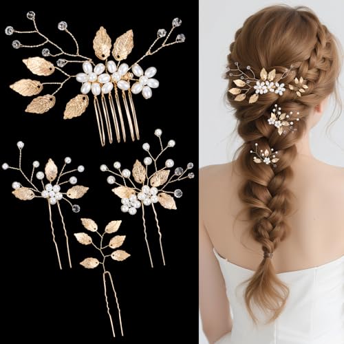 4 Stück Hochzeit Haarnadeln Blumen Perlen Braut Haarschmuck U-förmig Haarspangen Strass Kristall Haare Brautschmuck Hochzeit Haarnadeln für Damen Frauen Mädchen Brautjungfer von Qianyu