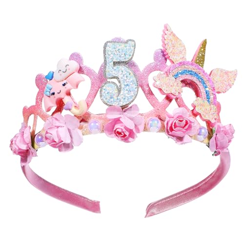 5 Jahr Geburtstagskrone Mädchen Geburtstag Niedliche Rosa Blumenkrone Tiara Haarband Krone Dekoration Nummer glitzernd Dekor für Geburtstagsparty Zubehör Geschenk von Qianyu