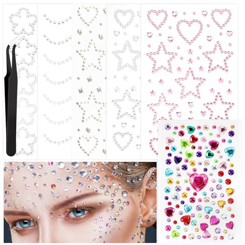 6 Blätter Gesicht Diamanten Strasssteine für Kinder Strass Tattoo Gesicht Glitzersteine Schmucksteine Aufkleben Selbstklebend Glitzersteine Zum Basteln Mit Pinzette für Augen Körper Juwelen von Qianyu