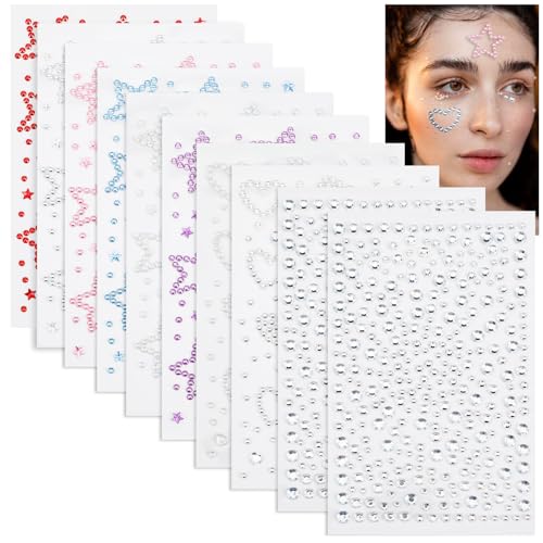 Qianyu 10 Blatt selbstklebende Strass-Aufkleber Glitzersteine Gesicht Strasssteine für Gesichts Make Up Nail Deko Kinder Handwerke Kindergeburtstag Fingernagel Dekorationen Urlaubszubehör von Qianyu