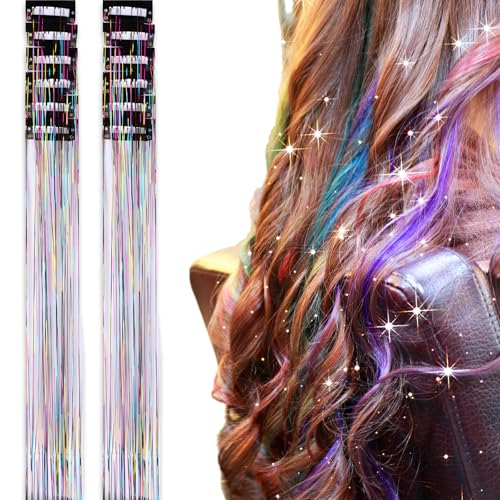 Qianyu 12 Stück Glitzer Haarsträhnen Lametta Kit Tinsel Hair Clip-in-Extension Zum Einflechten Haartei funkelnde Weihnachten Halloween Haar-Accessoires für Frauen Mädchen Kinder Festival Party Zubehör von Qianyu