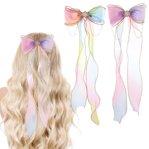 Qianyu 2 Stück Buntes Band Haarschleifen für Mädchen Quastenband Lange Bänder Haarschleife Prinzessin Schleife Haarspange Zubehör für Damen Mädchen Kinder Teenager Hochzeit Geburtstagsfeier von Qianyu