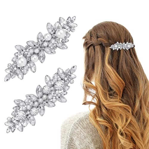 Qianyu 2 Stück Kristall Haarspangen Silber Strass Haarspangen Glitzer Kristallperle Haarklammer Blume Hochzeit Kopfbedeckung Elegante Strass Haarschmuck Braut Kopfbedeckung Deko für Frauen Mädchen von Qianyu