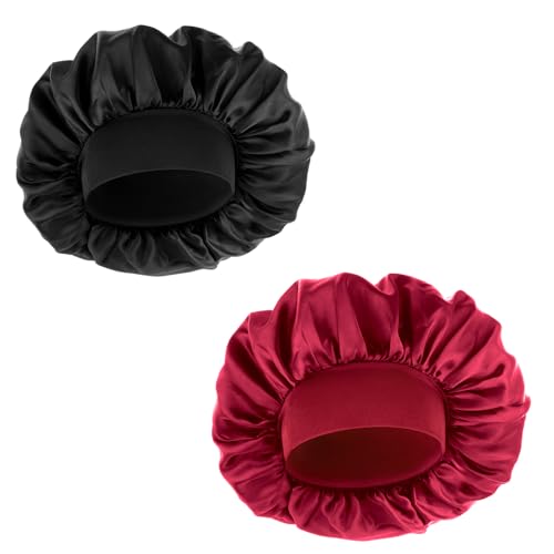 Qianyu 2 Stück Satinhaube zum Schlafen in der Nacht seidene rutschfeste Haarhauben für Frauen lockigem Haar mit elastischem breitem Band gefüttert große doppellagige Schlaf-Duschhauben (schwarz/rot) von Qianyu
