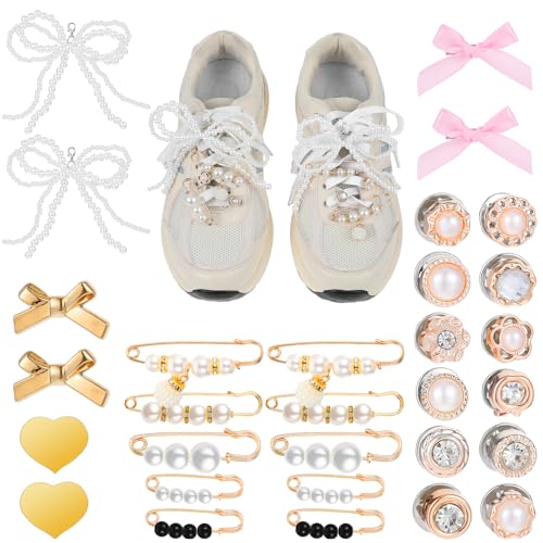 Qianyu 30 Stück Schnürsenkel Charms Clips Turnschuhe Schnürsenkel Anhänger Anstecknadeln Schleifen DIY Dekorative Schuhe Clips Kunstperle Strass Schuhe Zubehör Schmuck für Frauen von Qianyu