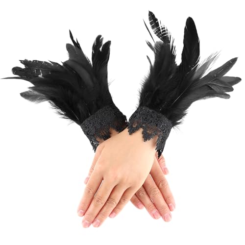 Qianyu Damen Feder Handgelenk Manschetten Schwarz Vintage Feder Manschette Spitzenflügel-Armbänder Gothic-Mesh-Armband Zubehör für Halloween Ostern Karneval Kostüm Game Rollenspiel Party von Qianyu