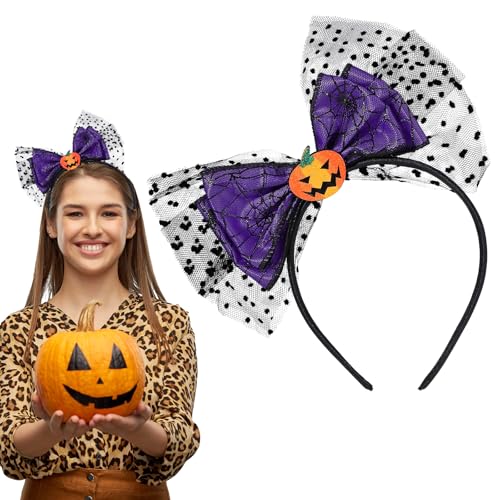 Qianyu Halloween Haarreif Kürbis Stirnband Mädchen Haarband Schleife Kopfschmuck mit Netzdekor Elegante Schädel Kopfbedeckung für Maskerade Halloween Karneval Party Cosplay Kostüm Erwachsene(Lila) von Qianyu