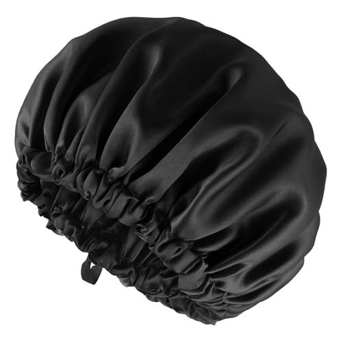 Qianyu Schlafmütze Satin Bonnet Double Sided atmungsaktive rutschfeste Silk Sleep Hair Cap Verstellbare Weiche Kopfhaube mit elastischem Band Duschhaube für Damen Mädchen Protect Hair (Schwarz) von Qianyu