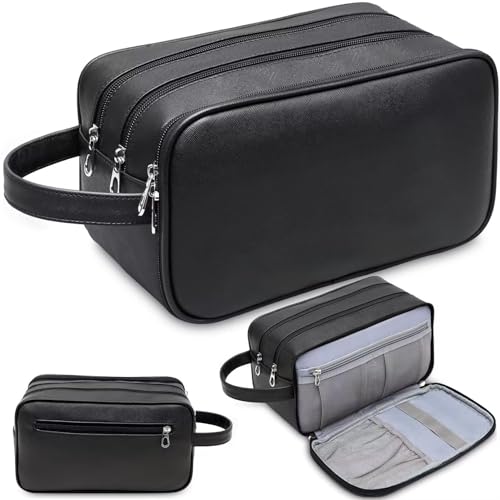 Qiaogle Große Reise-Kosmetiktasche, wasserabweisend, Leder, Kulturbeutel, Wasch-Organizer, Reise-Make-up-Tasche für Damen und Herren, Schwarz , Kulturbeutel von Qiaogle