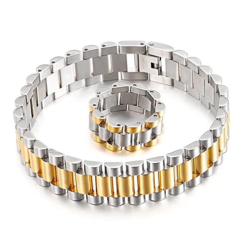 15 mm schweres Biker-Armband-Set für Herren und Damen, Hiphop-Silber, 18 Karat Gold, Edelstahl, klassische Uhrenkette, Armband, Armreif, Handgelenk-Schmuck-Set, Bracelet + 9# Ring, Edelstahl, Kein von Qiaonitu