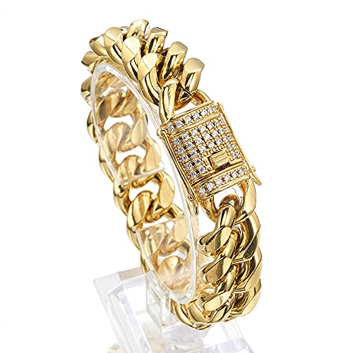 Herren Damen Edelstahl Miami Gold Panzerkette kubanische Kette CZ Zirkon Strass Armband Verschluss Hiphop Biker Link Armreif Schmuck 8/10/12/14/16/18 mm, Edelstahl, Zirkonia von Qiaonitu
