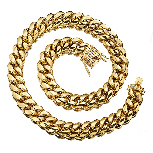 Herren Damen Edelstahl Miami Gold Panzerkette kubanische Kette CZ Zirkon Strass Halskette Verschluss Hiphop Biker Link Halskette Schmuck 10/12/14/16/18 mm, 50,8 cm, Edelstahl, Zirkonia, von Qiaonitu
