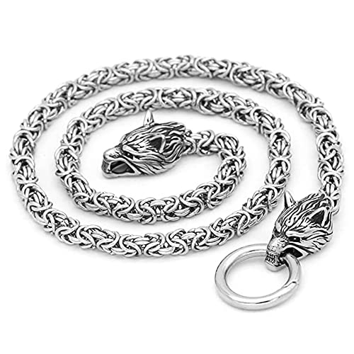 Herren Edelstahl Wikinger Wolfskopf Norwegisches Wikinger Amulett Thor Hammer Mjolnir Halskette Anhänger Königskette Schmuck, 50 cm, Edelstahl, kein Edelstein von Qiaonitu