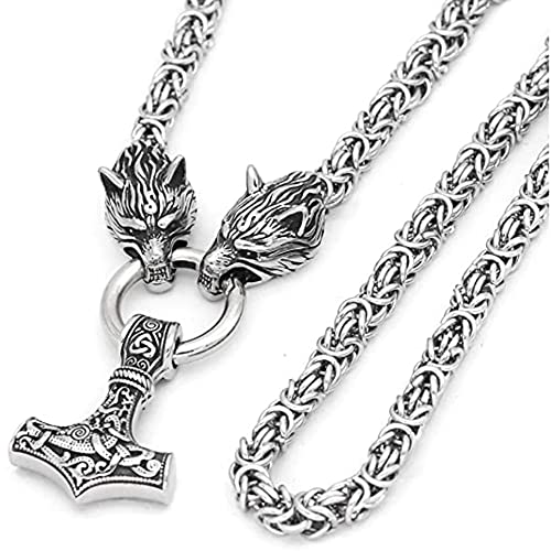 Herren Edelstahl Wikinger Wolfskopf Norwegisches Wikinger Amulett Thor Hammer Mjolnir Halskette Anhänger Königskette Schmuck, 60 cm, Edelstahl, kein Edelstein von Qiaonitu