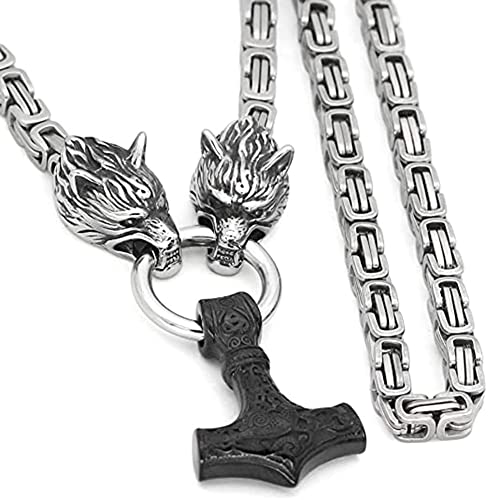 Herren Wikinger Wolfskopf Halskette nordischer Thors Hammer Wikinger Mjolnir Anhänger Halskette Männliche Edelstahl Königskette Amulett Wikinger Schmuck, 80 cm, Edelstahl, kein Edelstein von Qiaonitu
