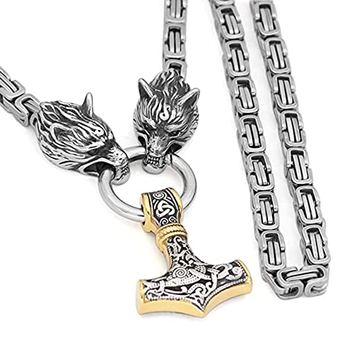 Herren Wikinger Wolfskopf Halskette nordischer Thorshammer Wikinger Mjolnir Anhänger Halskette männliche Edelstahl Königskette Amulett Wikinger Schmuck, 60 cm, Edelstahl, kein Edelstein von Qiaonitu