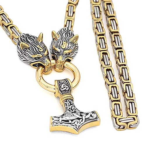 Herren Wikinger Wolfskopf Halskette nordischer Thorshammer Wikinger Mjolnir Anhänger Halskette männliche Edelstahl Königskette Amulett Wikinger Schmuck, 60 cm, Edelstahl, kein Edelstein von Qiaonitu