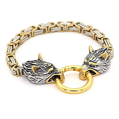 Nordic Vikings Keltischer Wolfskopf Armbänder Herren Damen Edelstahl Oding Wolf Armreifen Amulett Gold Byzantinische Königskette Rock Schmuck, Edelstahl, Kein Edelstein, von Qiaonitu