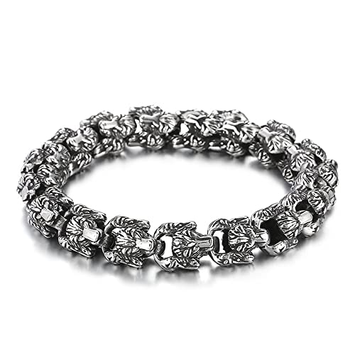 Qiaonitu 12 mm Punk Vintage Herren Wolf Schlange Gliederkette Armband matt gebürstet schwarz Edelstahl Hiphop Bike Biker Löwe Armband Armreif Schmuck Löwe 22 cm von Qiaonitu