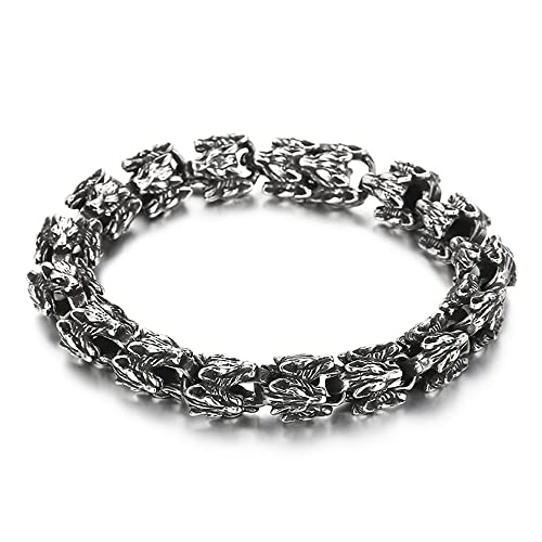 Qiaonitu 12 mm Punk Vintage Herren Wolf Schlangenkette Armband matt gebürstet schwarz Edelstahl Hiphop Bike Biker Löwe Armband Armreif Schmuck (Wolf, 22 cm) von Qiaonitu