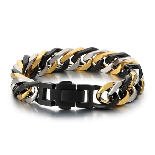 Qiaonitu 13 mm Gold Regenbogen Edelstahl kubanische Panzerkette Armband Herren Damen Hiphop Schwarz Fahrrad Biker Armreif Schmuck, 21cm, Edelstahl, Zirkonia von Qiaonitu