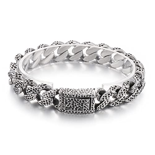 Qiaonitu 13 mm Punk Vintage gegossener Edelstahl Herren Fahrrad Speckle Armband Klassische Panzerkette kubanische Gliederkette Armbänder Schmuck Zubehör Silber Schwarz, 19cm, Edelstahl, Kein Edelstein von Qiaonitu