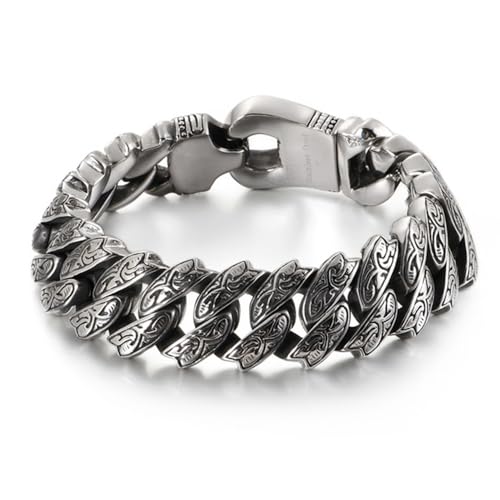 Qiaonitu 20 mm Punk Chunky Panzerkette Armband Herren Vintage Blume Edelstahl Myterious Symbol Charm Fahrradkette Biker Schmuck, 7.87inches, Edelstahl, Zirkonia von Qiaonitu