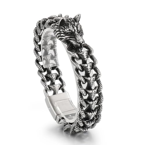 Qiaonitu 20 mm Punk Vintage Biker Herren Edelstahl Wikinger Wolfskopf kubanische Panzerkette Armband Hiphop cooler männlicher Armreif Schmuck, 8.66inches, Edelstahl, Kein Edelstein von Qiaonitu