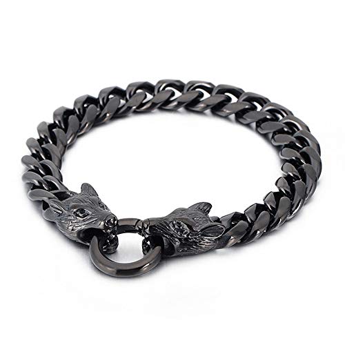 Qiaonitu Biker Jewelry Armreif Punk Rock Herren Edelstahl Wikinger Wolfskopf Panzerkette Armband mit Federringverschluss (Schwarz, 21) von Qiaonitu