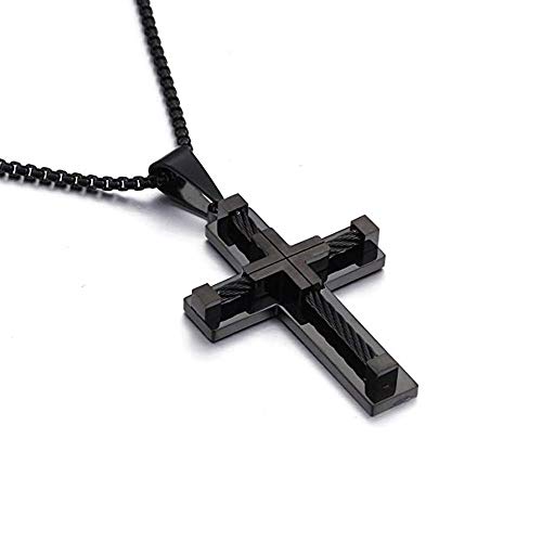 Qiaonitu Jewelry Halskette mit großem Kreuz-Anhänger aus Edelstahl mit 61 cm langer Kette, Hip Hop für Männer und Frauen, Schwarz von Qiaonitu