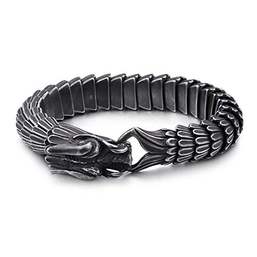 Qiaonitu Punk Gold Drachen Gliederkette Armband Herren Biker Wikinger Vintage Rock Edelstahl Old Metal Brush Schwarz China Dragon Armreifen Schmuck, 23 cm, Edelstahl, kein Edelstein von Qiaonitu