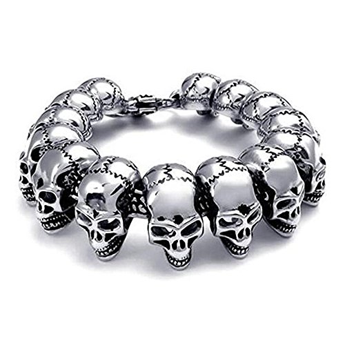 Qiaonitu Punk Rock Herren-Armband, Edelstahl, großes Skelett-Totenkopf-Gliederarmband, Biker-Schmuck, Gothic-Stil, silberfarben, hochglanzpoliert, 22,9 cm, Edelstahl, Zirkonia von Qiaonitu