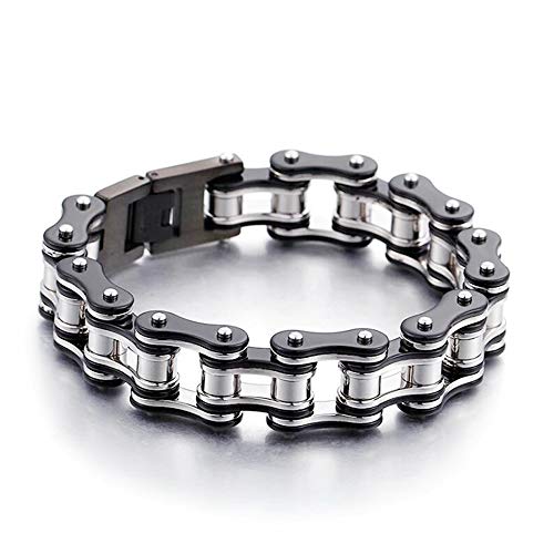 Qiaonitu Schweres Herren-Fahrrad-Armband, Edelstahl, Biker-Gliederkette, Armband, Motorrad-Armreif (Silber Schwarz, 20), 20, Silber von Qiaonitu