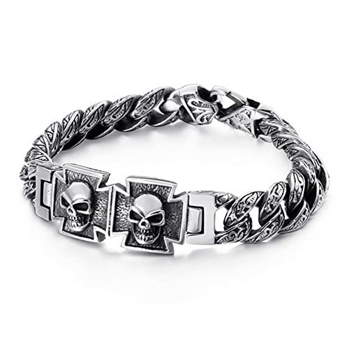 Retro-Armband für Herren, Edelstahl, kubanischer Totenkopf, Punk-Rock-Bike-Armreif, Schmuck mit rotem Zirkonauge, Edelstahl, kein Edelstein von Qiaonitu