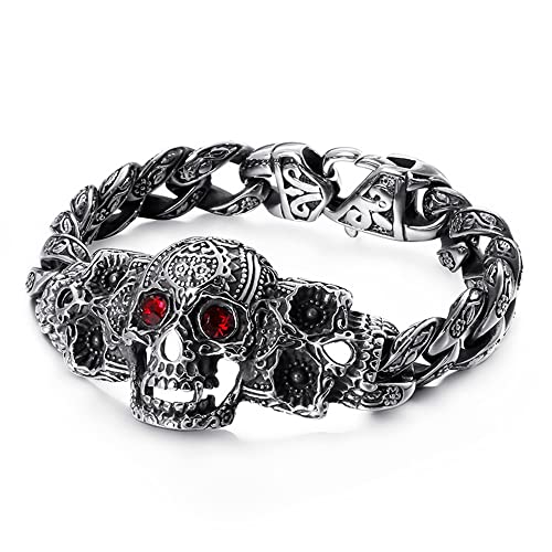 Retro-Armband für Herren, Edelstahl, kubanischer Totenkopf, Punk-Rock-Bike-Armreif, Schmuck mit rotem Zirkonauge, Edelstahl, kein Edelstein von Qiaonitu