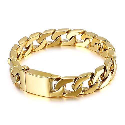 Vergoldetes Armband für Herren und Damen, hochglanzpoliert, kubanische Kette, Punk-Rock, Hiphop, klobiger Edelstahl, Biker-Armband, Schmuck, Edelstahl, kein Edelstein von Qiaonitu