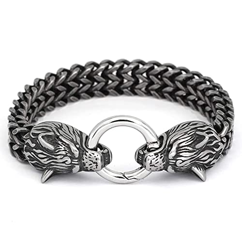 Vintage Herren Edelstahl Wikinger Wolf Armband Punk Hiphop Wölfe Kopf Armreif Stärkere Nordic Biker Armbänder Schmuck, Edelstahl, kein Edelstein von Qiaonitu