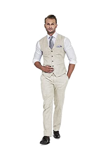 Qiatuu Herren Leinen Anzug 2 Stück Anzüge Trauzeugen Smoking Sommer Strand Hochzeit Prom Party Anzug Weste Hosen Set, Beige, L von Qiatuu