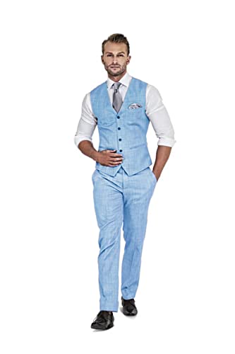 Qiatuu Herren Leinen Anzug 2 Stück Anzüge Trauzeugen Smoking Sommer Strand Hochzeit Prom Party Anzug Weste Hosen Set, Blau, S von Qiatuu