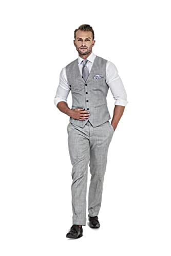 Qiatuu Herren Leinen Anzug 2 Stück Anzüge Trauzeugen Smoking Sommer Strand Hochzeit Prom Party Anzug Weste Hosen Set, Grau, L von Qiatuu