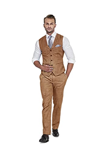 Qiatuu Herren Leinen Anzug 2 Stück Anzüge Trauzeugen Smoking Sommer Strand Hochzeit Prom Party Anzug Weste Hosen Set, Khaki, XX-Large von Qiatuu