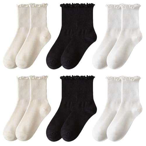 Qiblaou Damen Söckchen 6 Paar Einheitsgröße Einfarbige Socken Mid-Tube-Rüschen Rüschen Socken, Stricksocken Geeignet für Damen im Alltag und beim Sport Qiblaou Damen Söckchen 6 Paar Einheitsgröße Einfarbige Socken Mid-Tube-Rüschen Rüschen Socken, Stricksocken Geeignet für Damen im Alltag und beim Sport von Qiblaou
