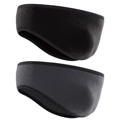 Qiblaou Sport Stirnband Ohrenwärmer für Damen und Herren 2 Stück Fleece Ohrenwärmer Kopfumfang 52cm Sport Haarband Elastisch, Schwarz, Dunkelgrau Geeignet zum Laufen,Wandern,Radfahren von Qiblaou