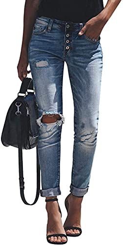 Damen Jeanshosen Damen Skinny Slim Fit Strecken Röhrenjeans Schlank Stylische Boyfriend Jeans Zerrissene Destroyed Jeans Hose mit Löchern Lässige (S) von Qichenx