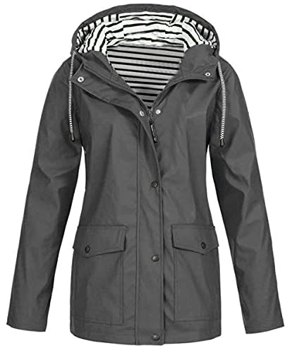 Damen Regenjacke Mit Kapuze Wasserdicht Regenparka Winddicht Regenmantel Damen Wasserdicht Atmungsaktiv Solid Rain Outdoor Plus Size Mantel Regenmantel Jacke (Grau, XL) von Qichenx