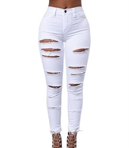 Jeans Damen Hosen Slim Fit Denim Casual Löcher Jeans Ripped Hosen Skinny Jean (as3, Alpha, l, Regular, Regular, Weiß) von Qichenx