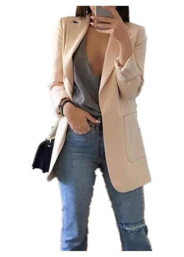 Qichenx Damen Elegant Langarm Blazer Sakko Cardigan Temperament Anzugjacke Einfarbig Slim Fit Revers Geschäft Büro Jacke Kurz Mantel Anzüge Bolero mit Tasche (Aprikose, 4XL) von Qichenx